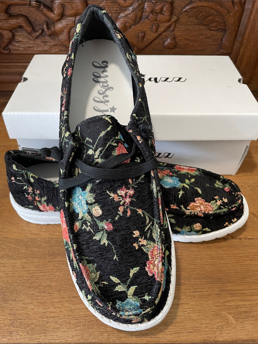 Gypsy Jazz Black Floral Slip-On Loafers Shoe - Picture 2 of 9